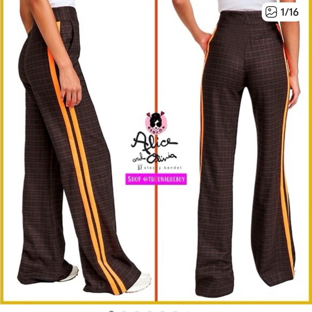 Alice + Olivia Brown Plaid Wide Leg Pants with Orange Stripes